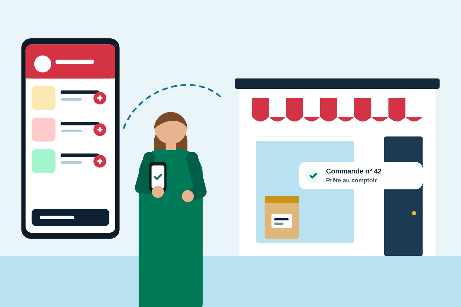 Une cliente commande sur son téléphone dans la boutique en ligne aux couleurs du restaurant, sa commande l'attend au comptoir