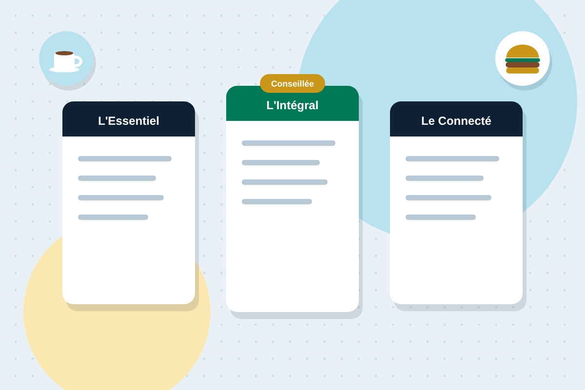 Trois formules côte à côte, la formule conseillée mise en avant selon le métier